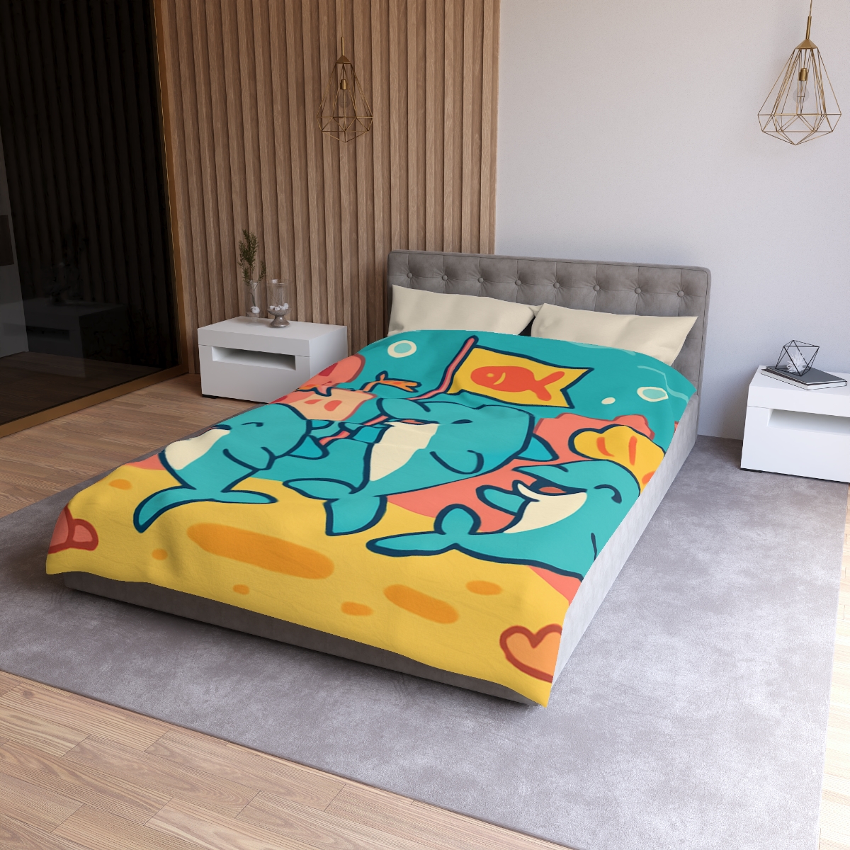 Coral City Dolphin Parade custom duvets