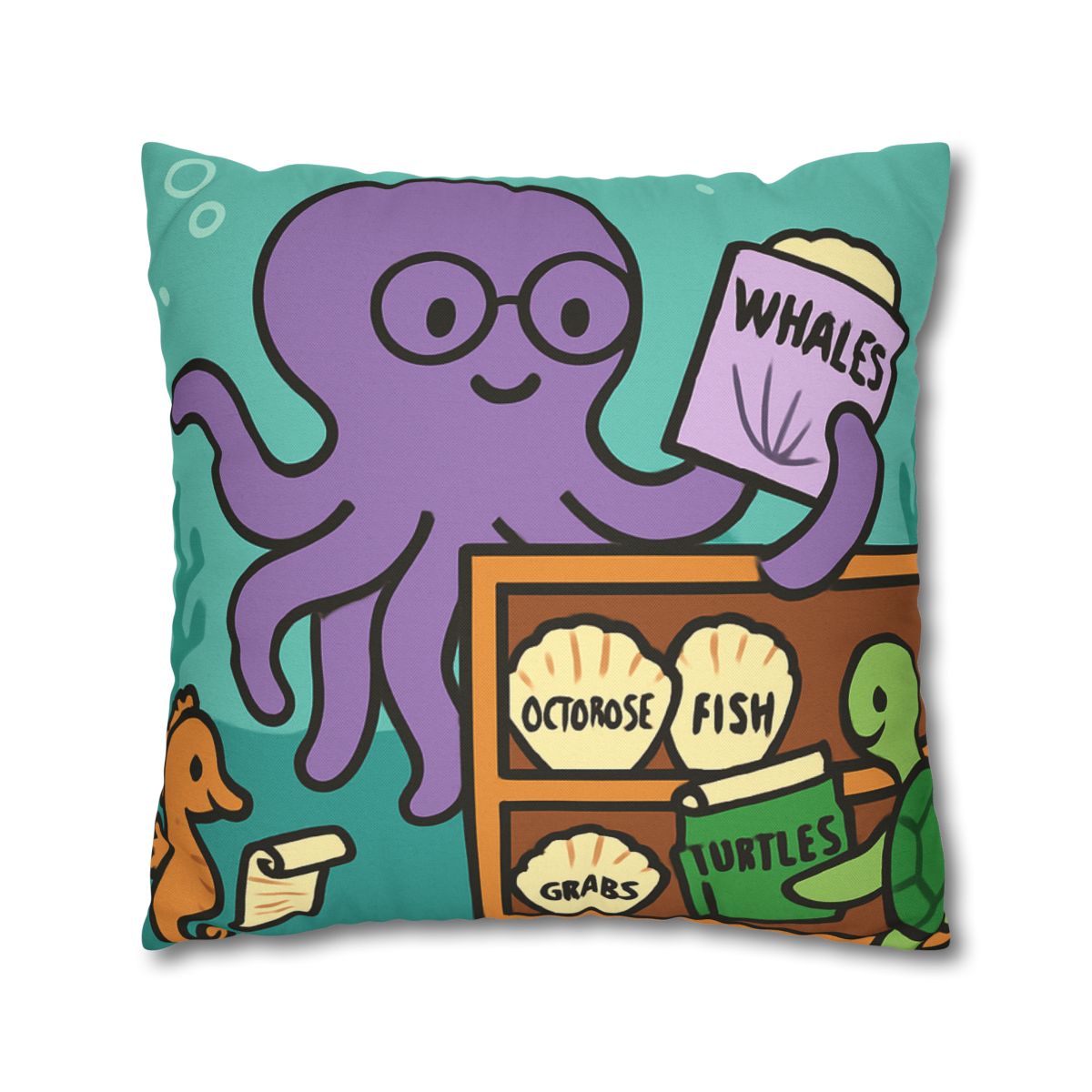 Undersea Library Of The Curious Octopus designer print pillow cases