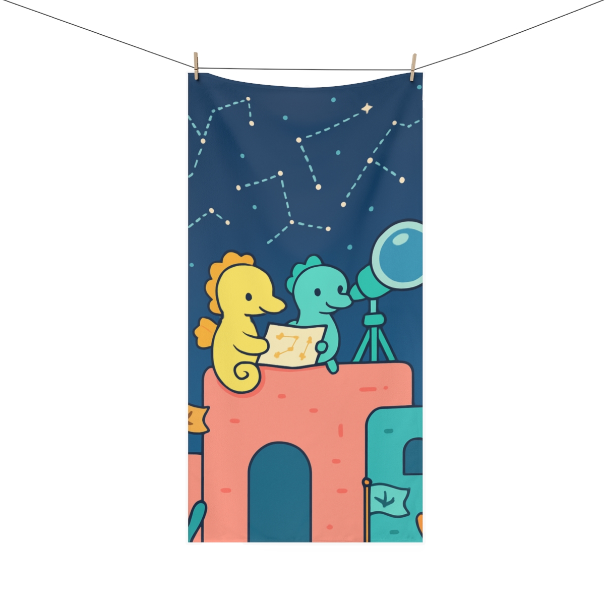 Coral City Stargazing Seahorses designer printed towels