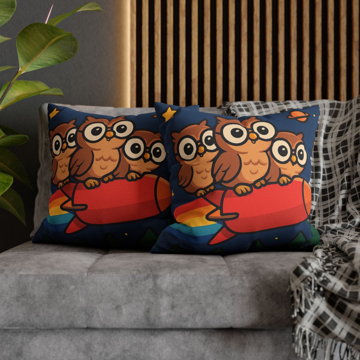 Rocket Riding Forest Owls designer print pillow cases
