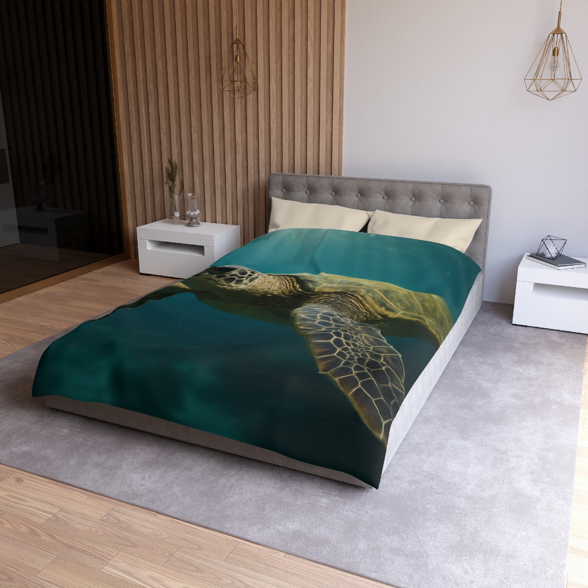Glasswater Drift Green Sea Turtle designer printed duvets