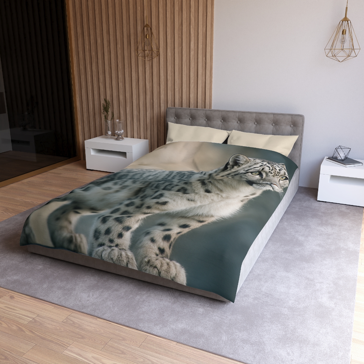 Mist Veil Snow Leopard designer printed duvets