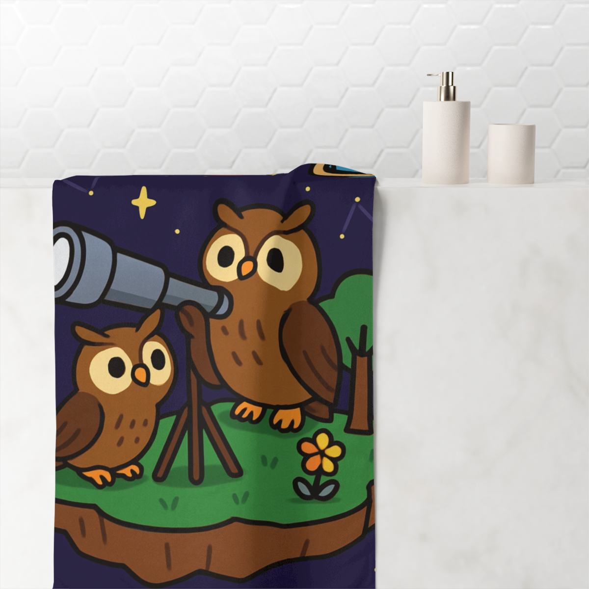 Stargazing Owls On A Floating Island designer printed towels