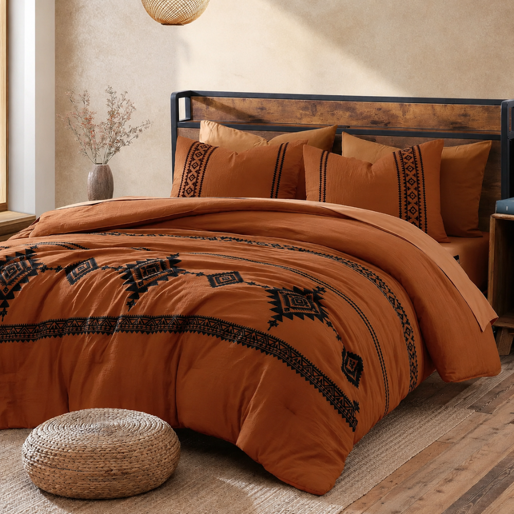 7 Pieces Boho Embroidered Comforter Set With Pillowcases And Shams