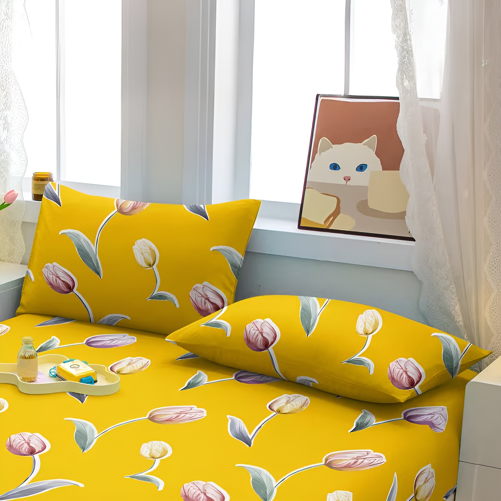 1pc Minimalist Modern Plant Floral Tulip Yellow Pattern Printed Velvet Pillow Cover