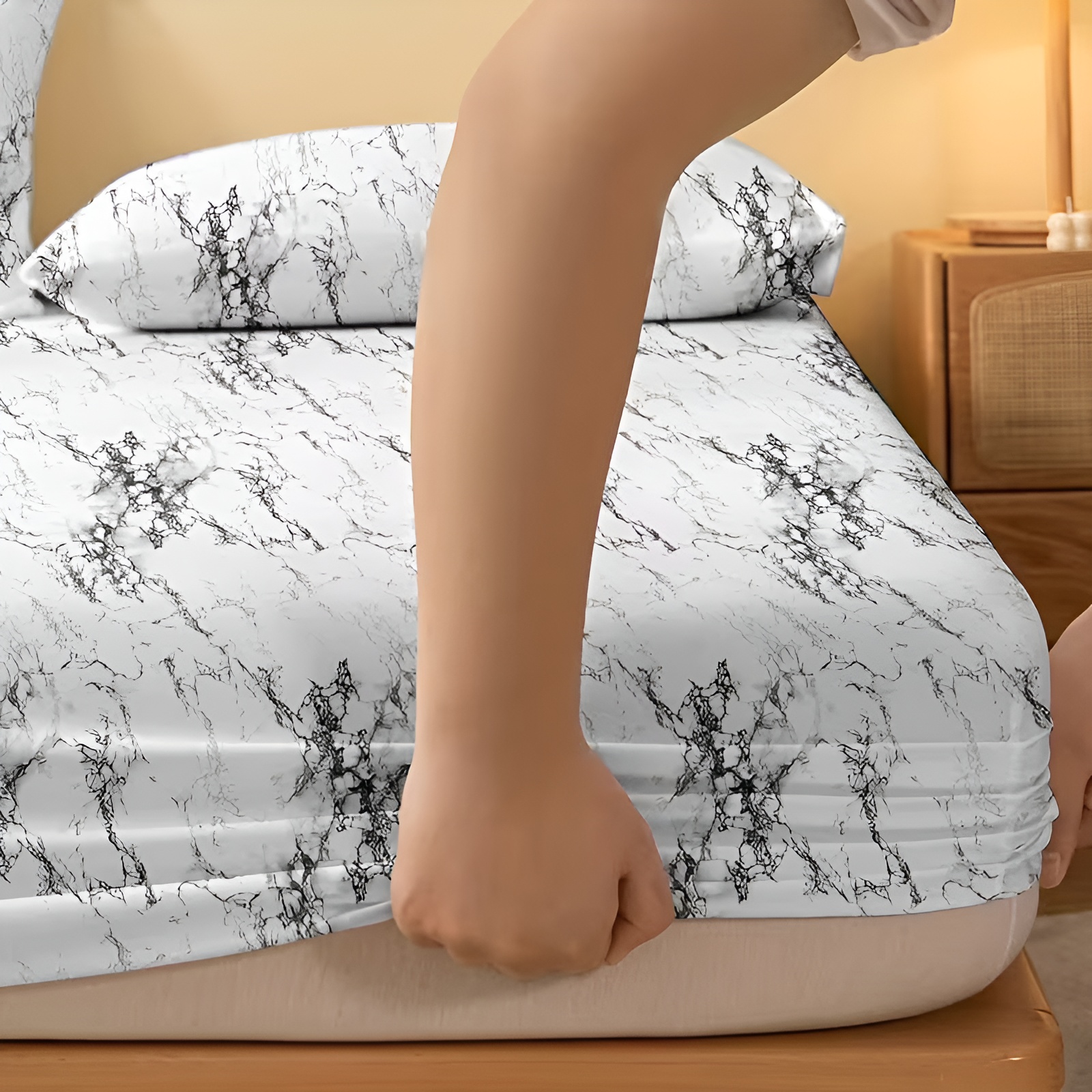 Marble Design Printed Fitted Bed Sheet For Bedroom