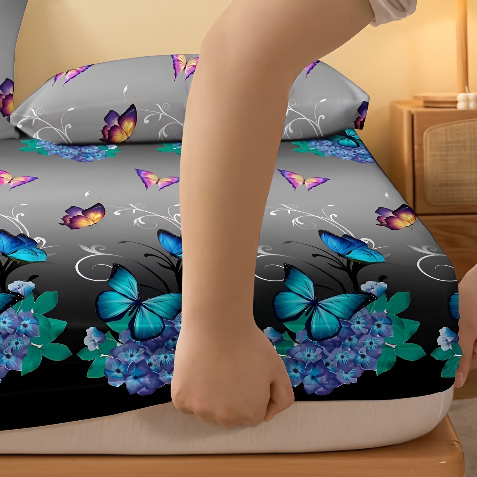 Vibrant Butterfly Floral Pattern Fitted Sheet