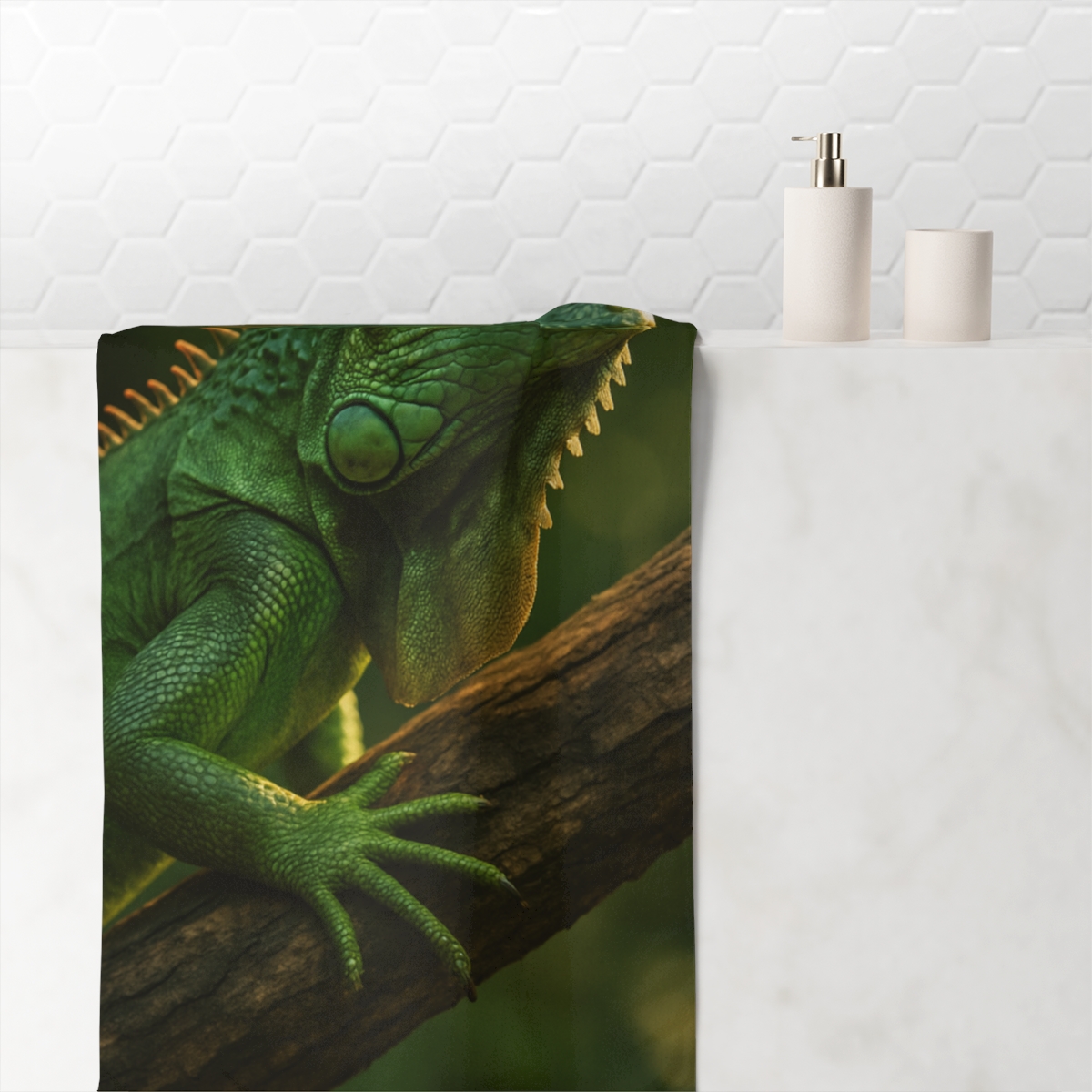 Sunlit Stillness Green Iguana soft cotton towels