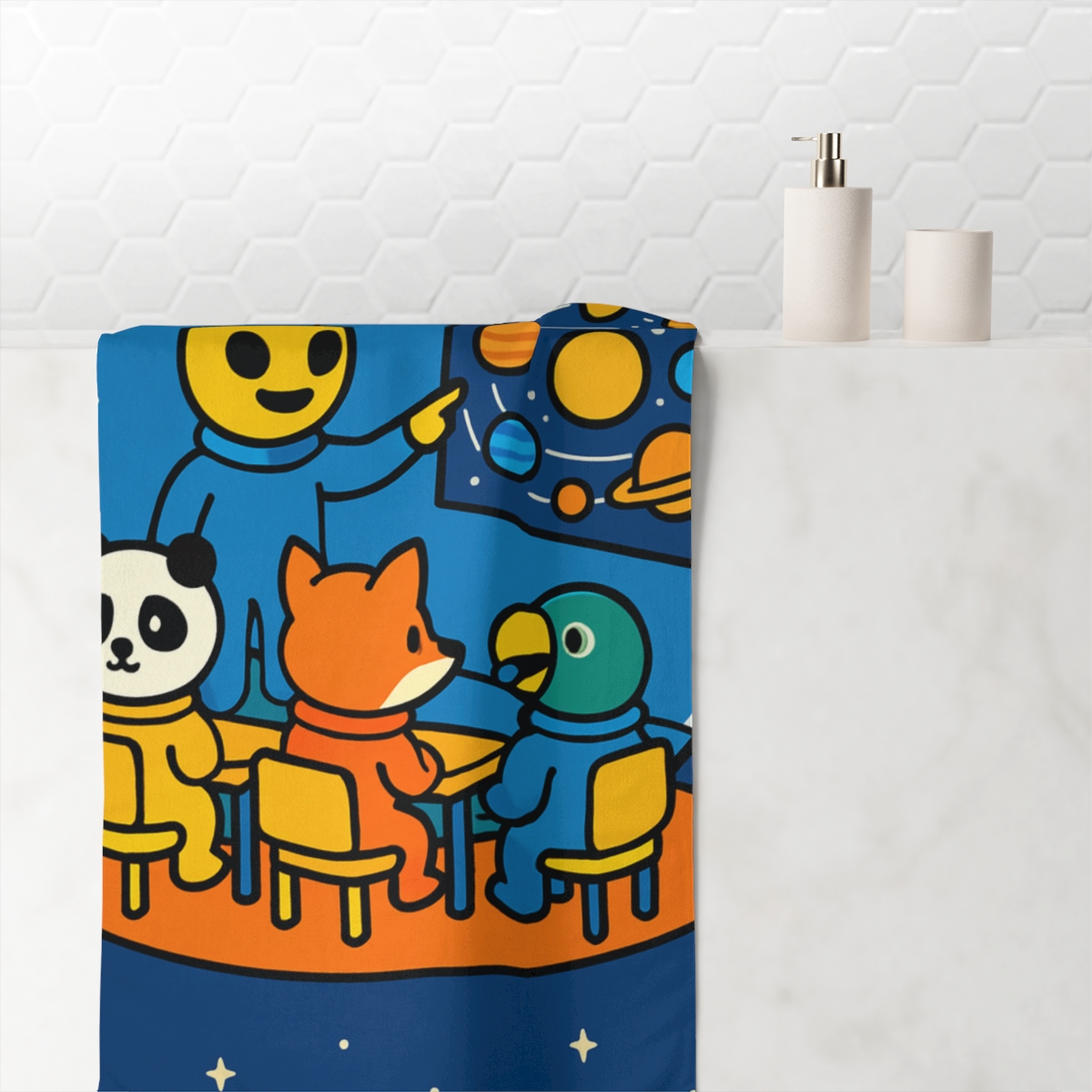 Space School For Curious Animal Astronauts personalized bath towels
