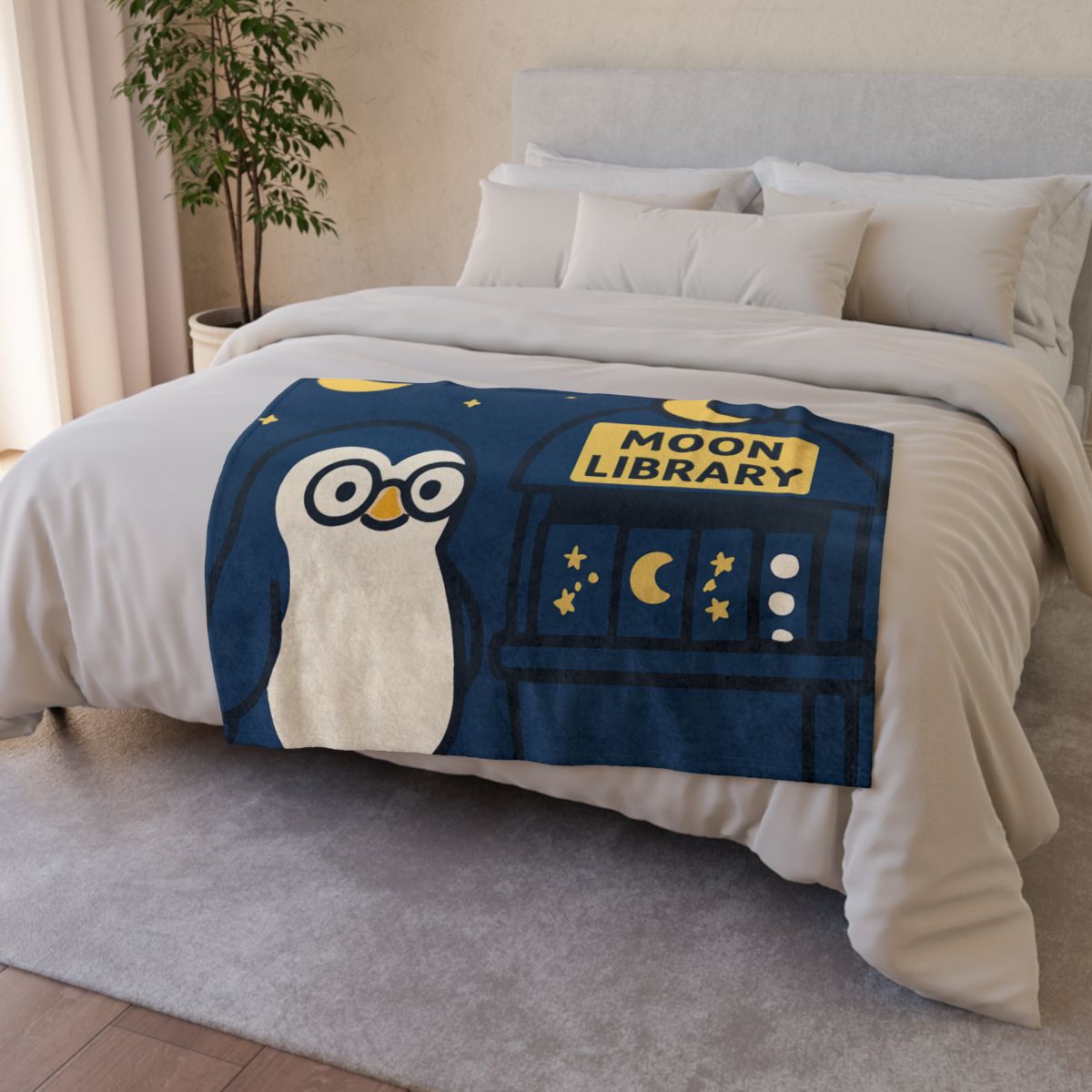 Moonlight Library Run By A Wise Penguin Astronomer personalized cozy blankets