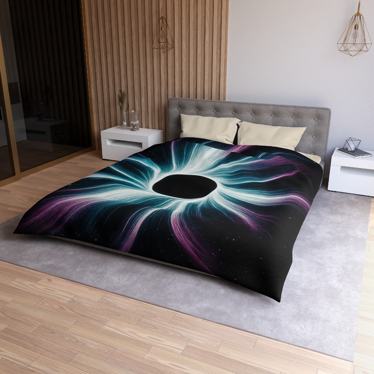 Gravitational Halo Bloom designer printed duvets