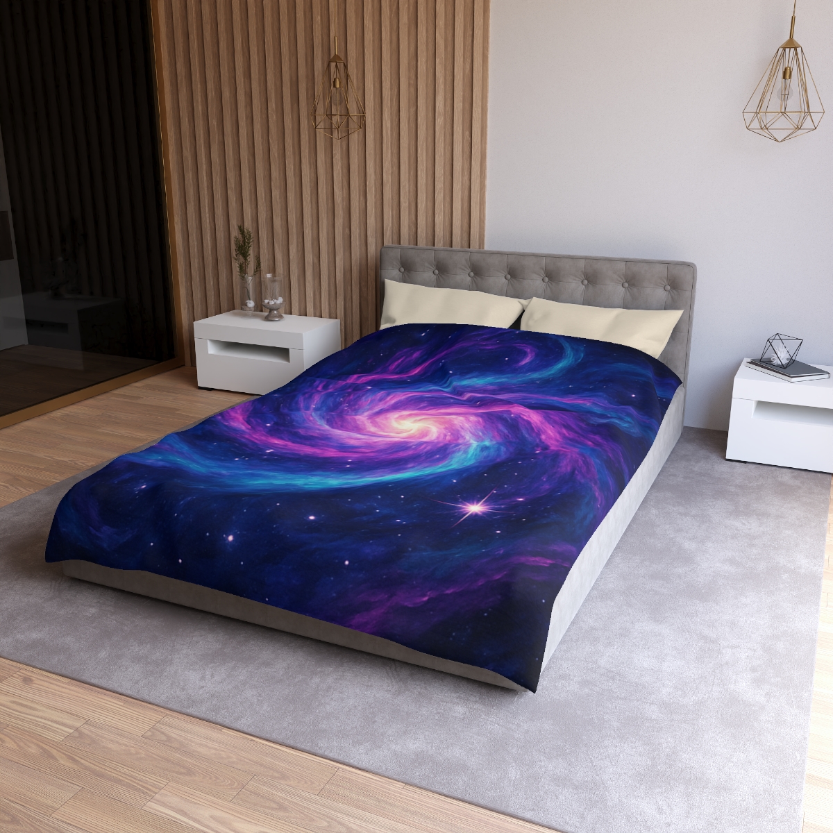 Nebula Spiral Haze designer printed duvets