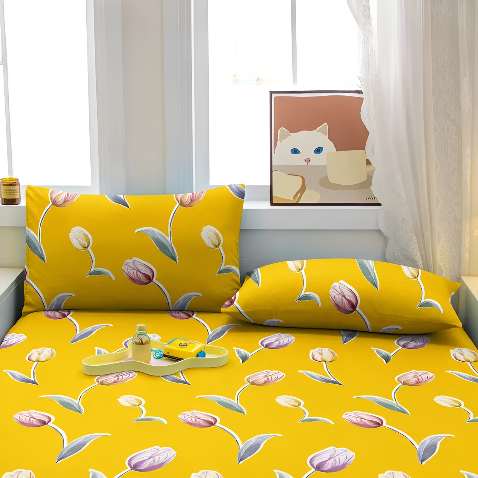 1pc Minimalist Modern Plant Floral Tulip Yellow Pattern Printed Velvet Pillow Cover