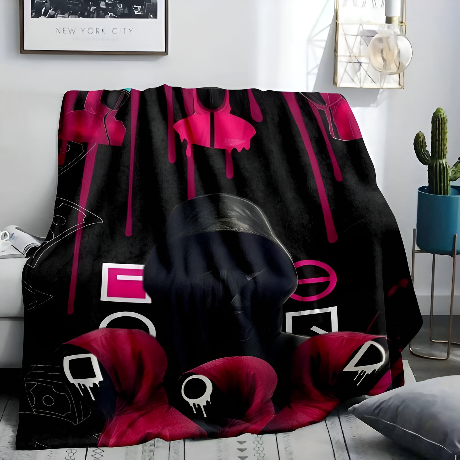 Fleece Flannel Blanket with Geometric Mask Print Soft Warm Lightweight 