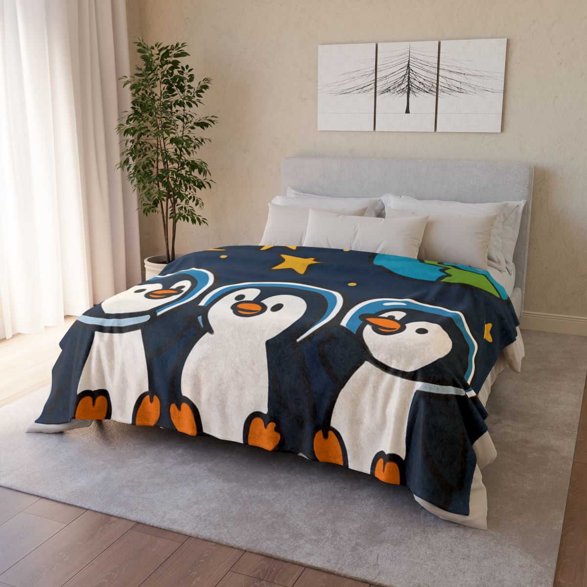 Stargazing Penguins On The Moon designer printed blankets