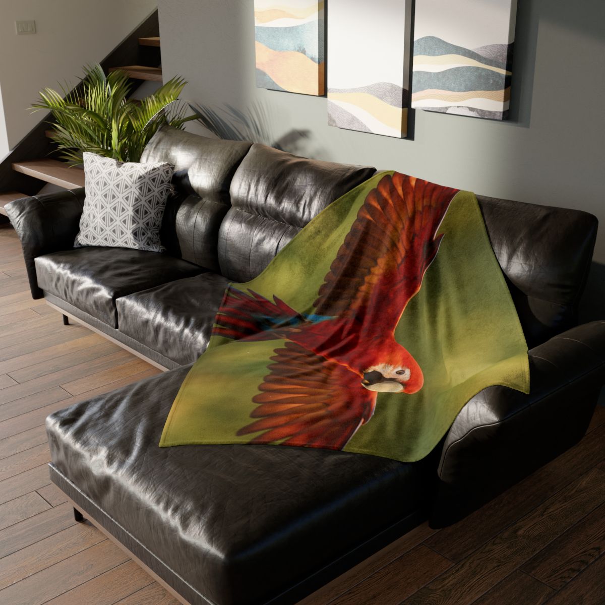 Scarlet Arc Macaw In Flight soft fleece blankets