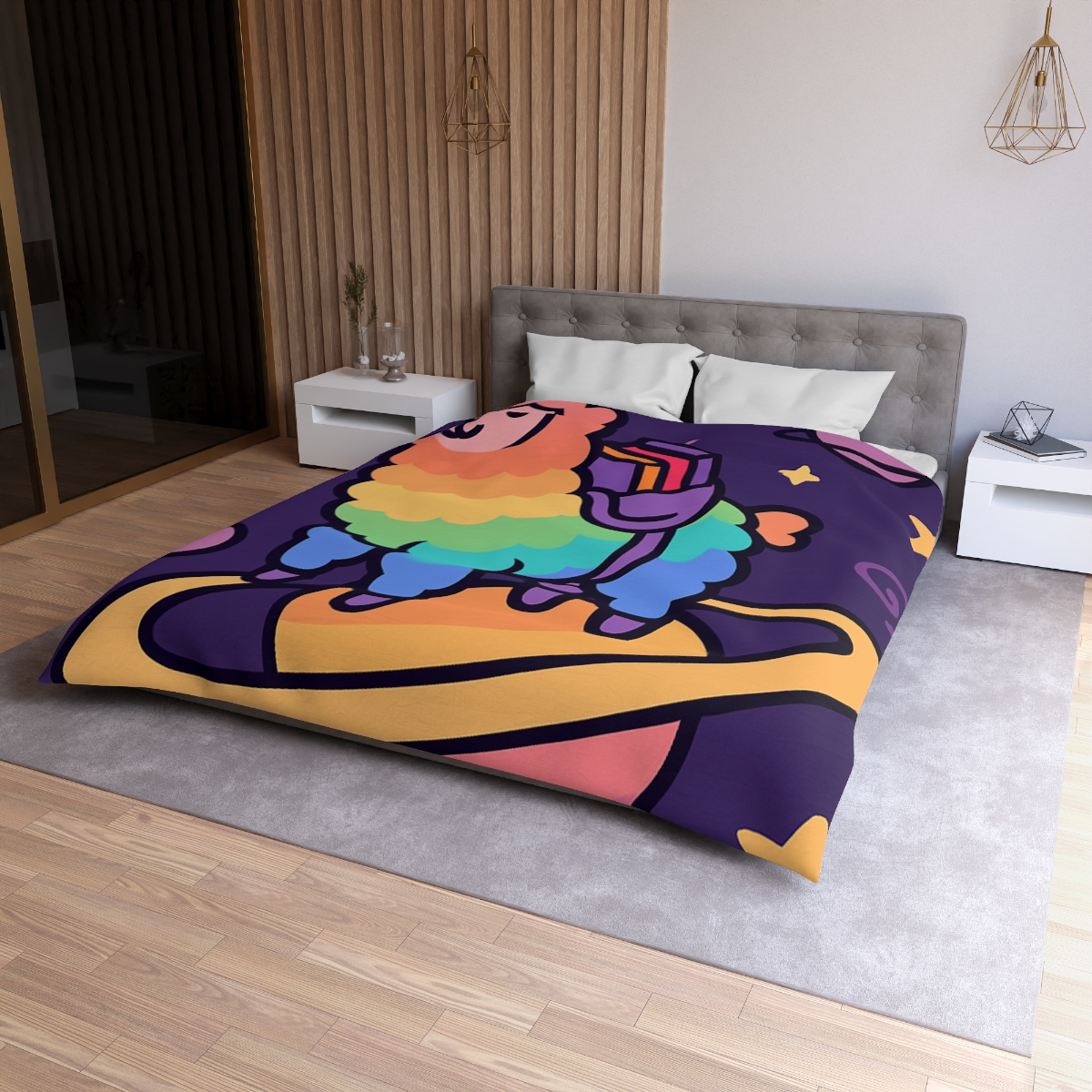 Galaxy Riding Rainbow Llama personalized bedding duvets