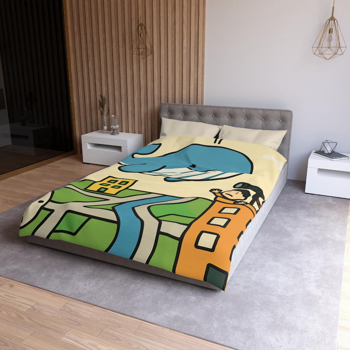Sky Whale Over The Map City personalized bedding duvets