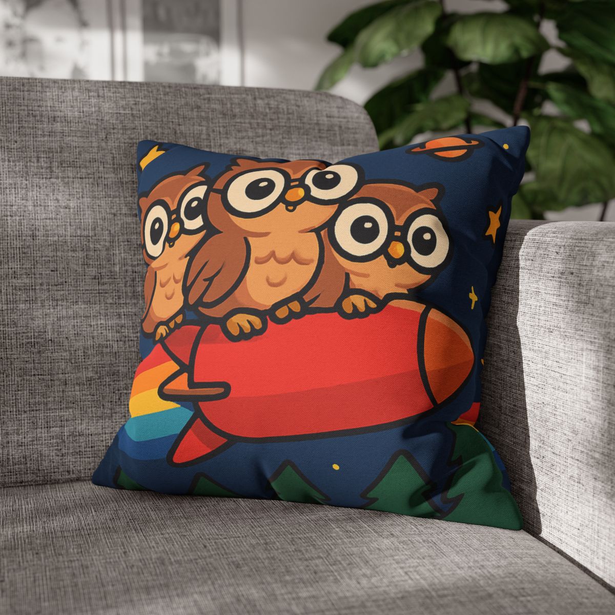 Rocket Riding Forest Owls designer print pillow cases