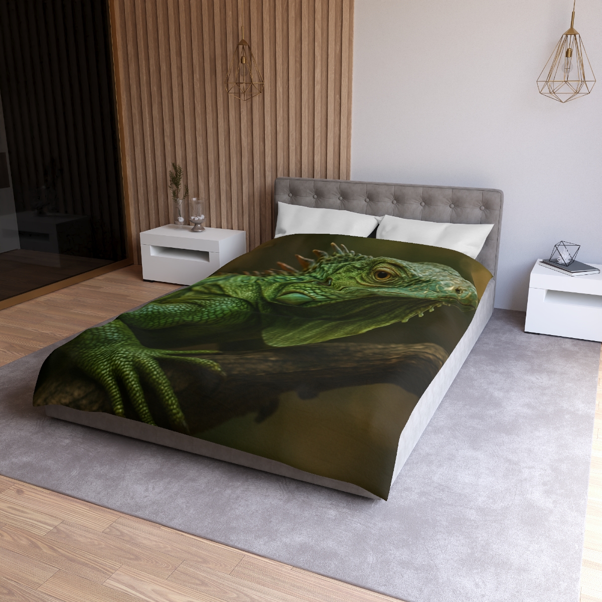 Starlit Stillness Green Iguana designer printed duvets