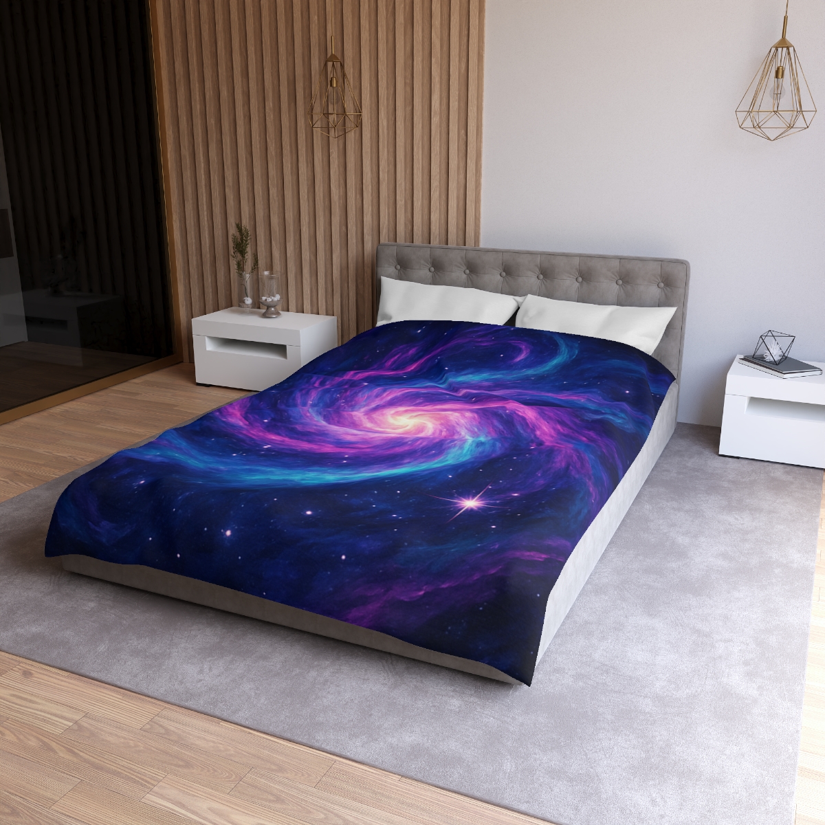 Nebula Spiral Haze designer printed duvets