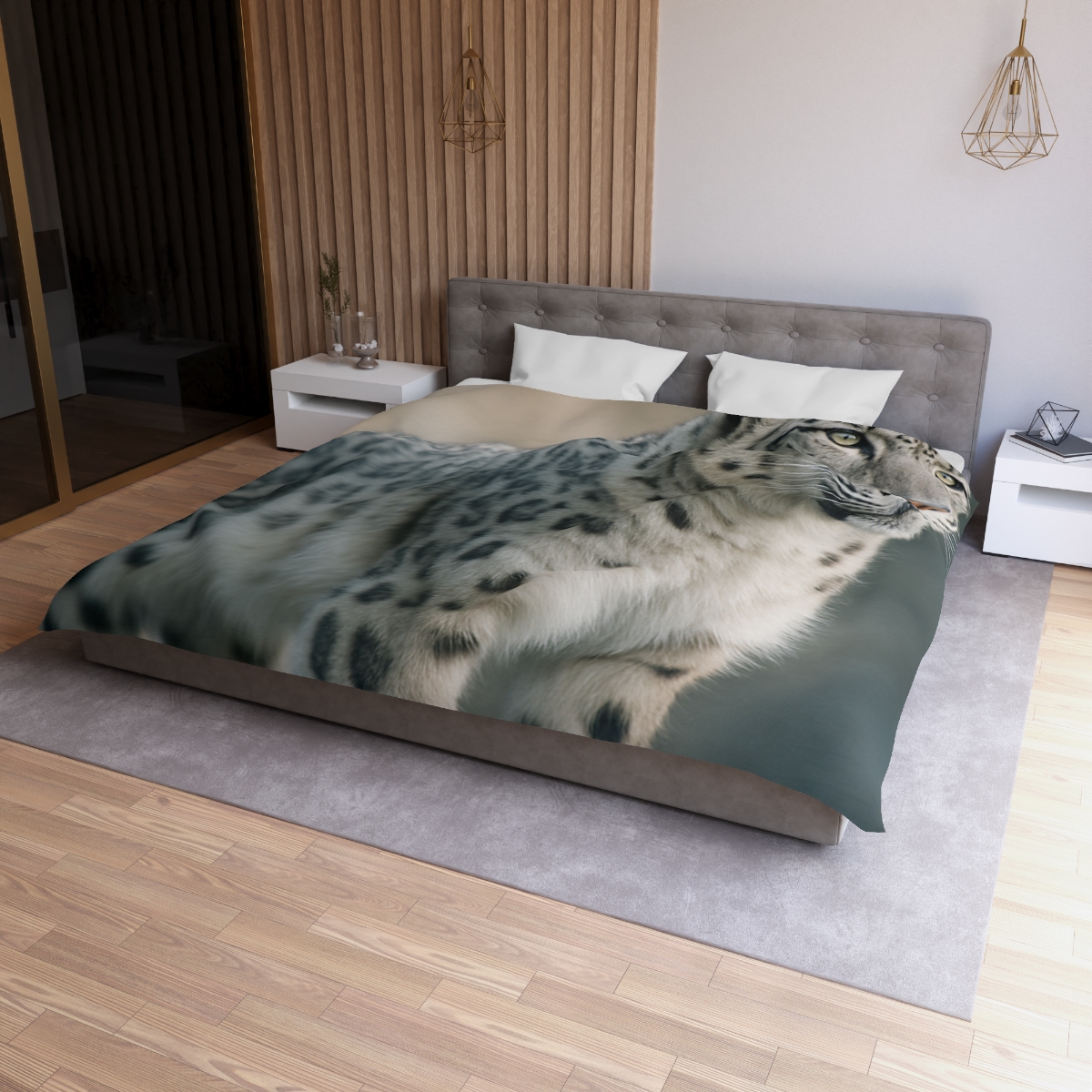Mist Veil Snow Leopard designer printed duvets