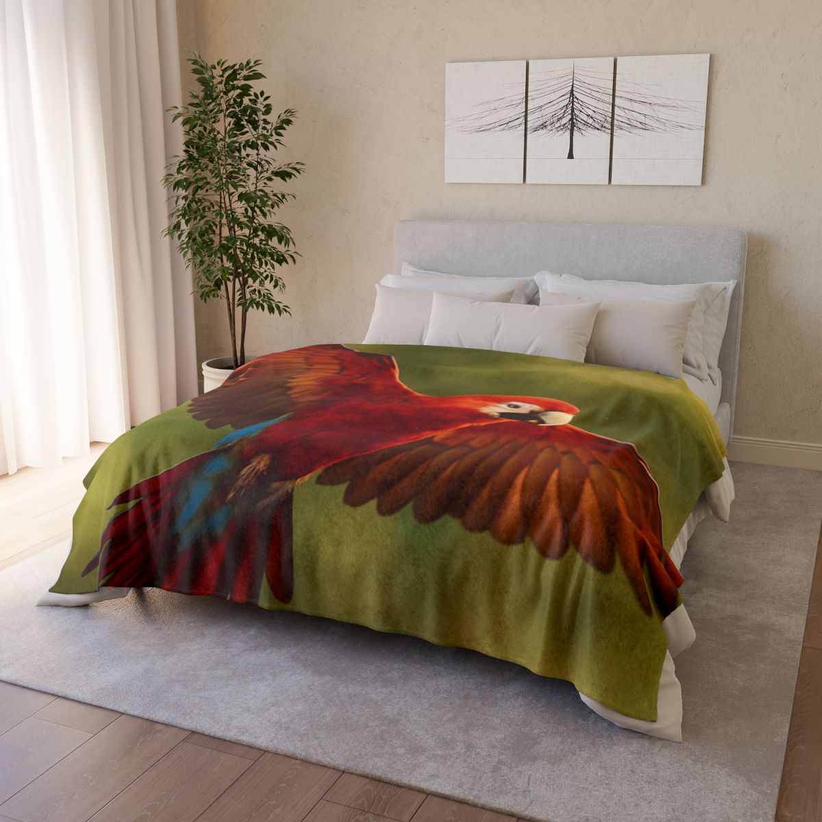 Scarlet Arc Macaw In Flight soft fleece blankets