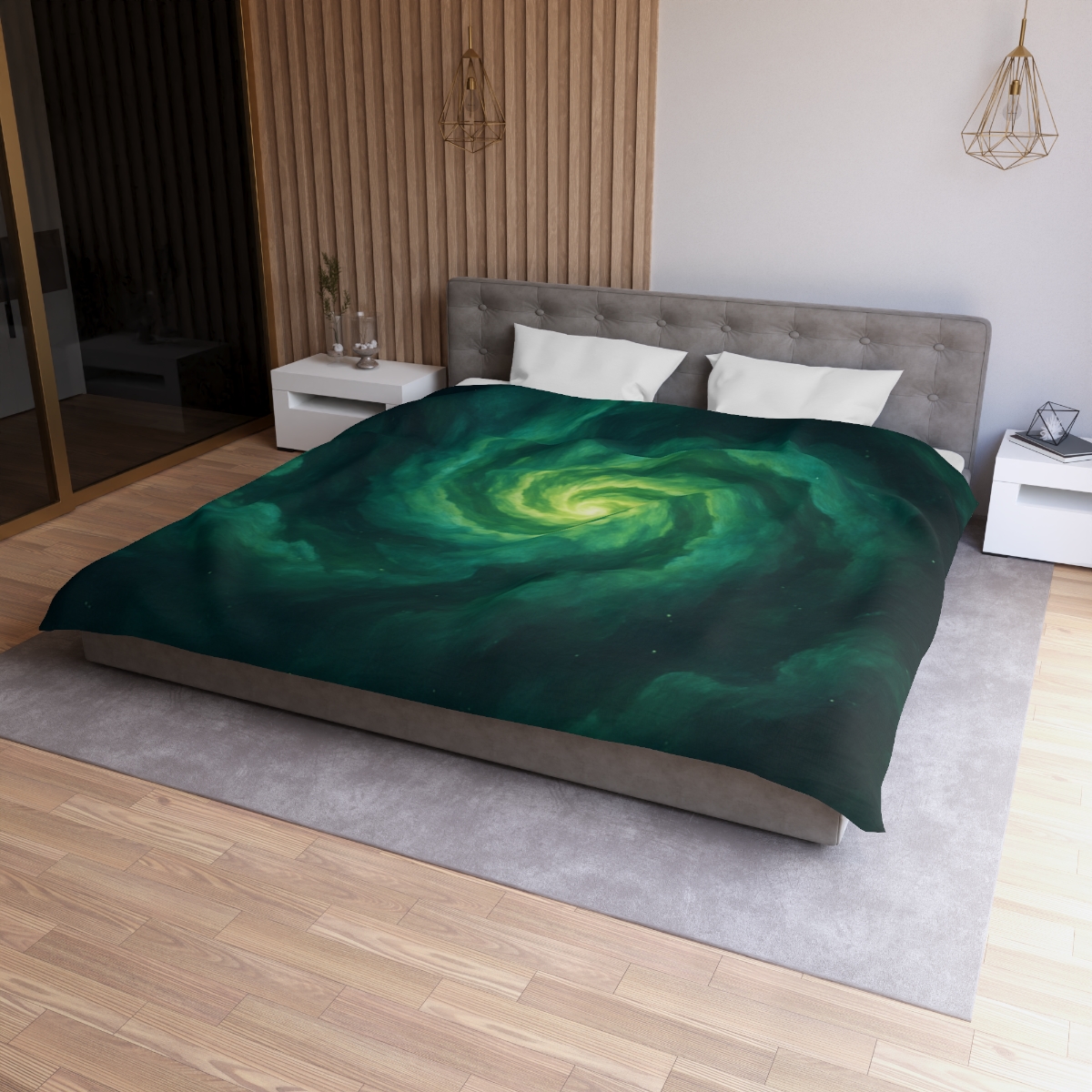 Verdant Nebula Swirl designer printed duvets