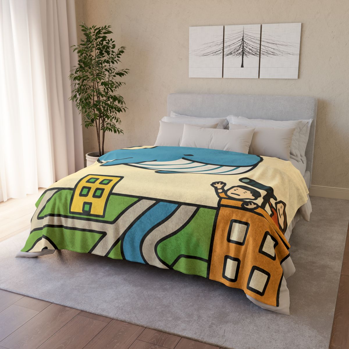 Sky Whale Over The Map City designer printed blankets