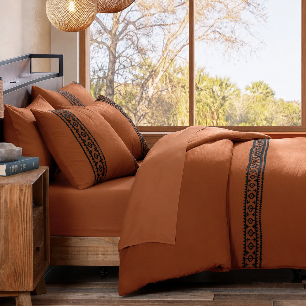 7 Pieces Boho Embroidered Comforter Set With Pillowcases And Shams