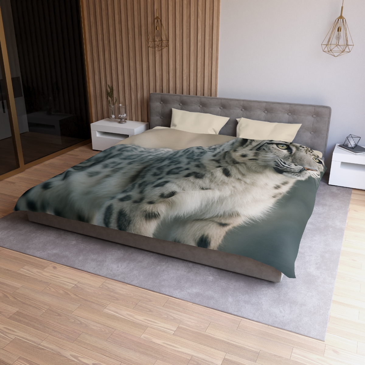 Mist Veil Snow Leopard designer printed duvets