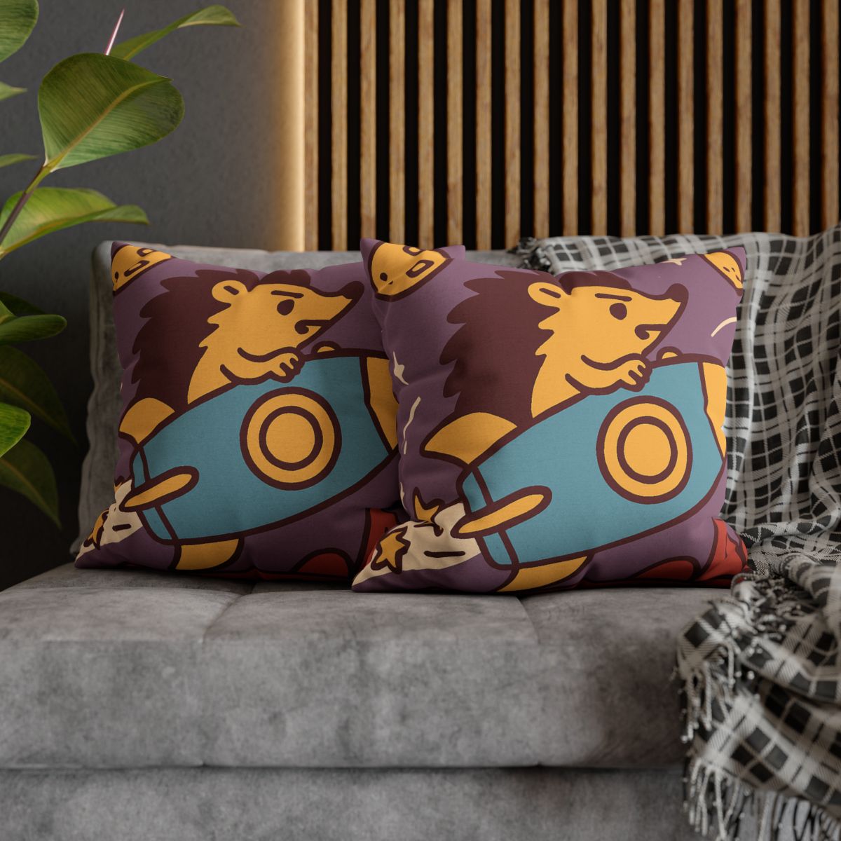 Rocket-Riding Hedgehog designer print pillow cases