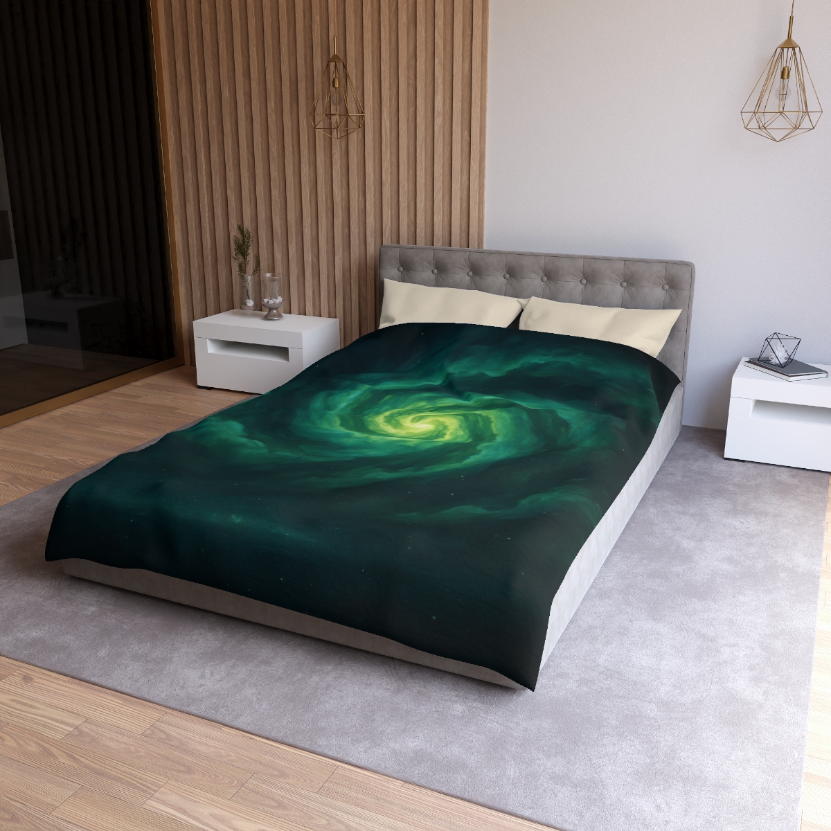 Verdant Nebula Swirl designer printed duvets