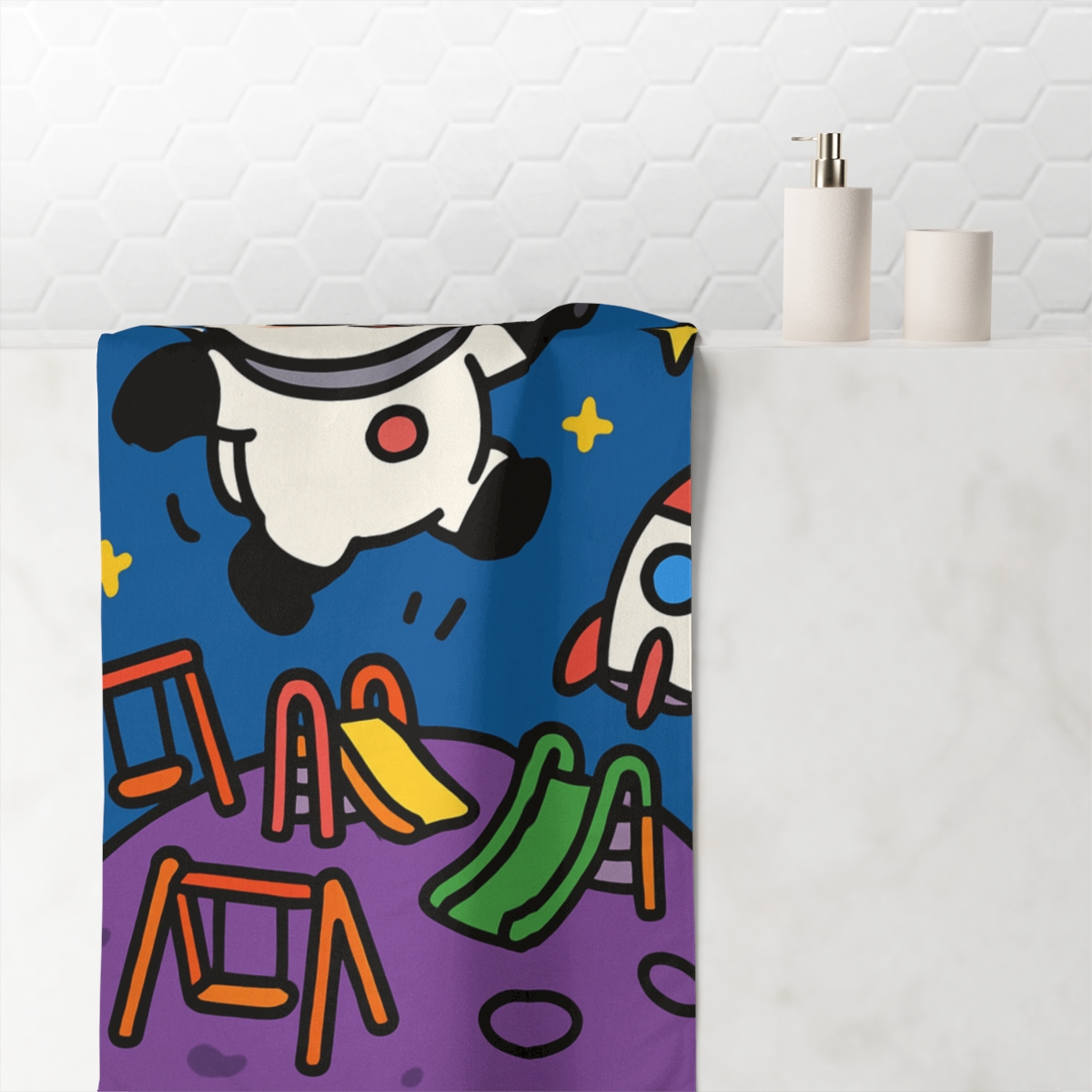 Cosmic Panda Planet Playground designer printed towels