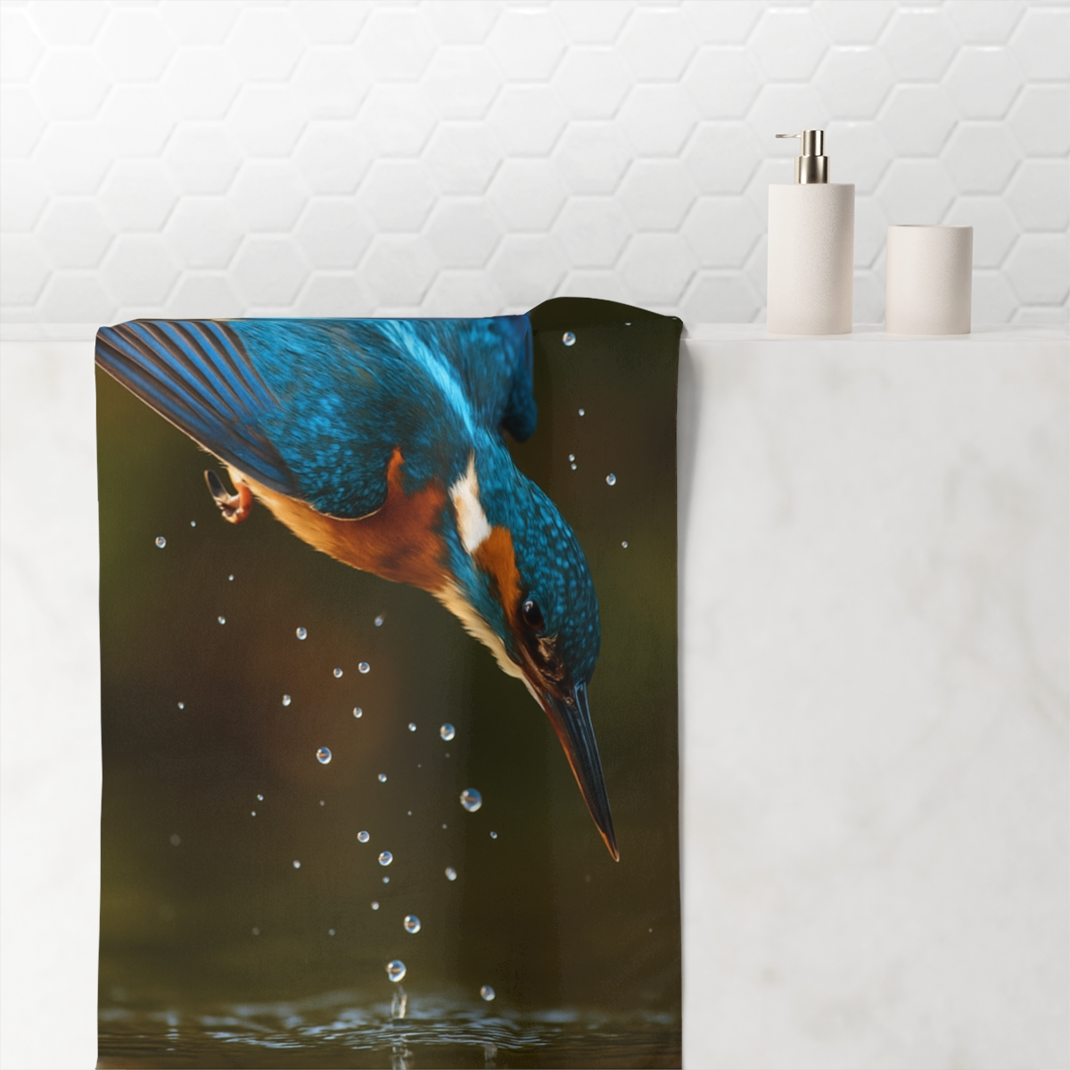 Prism Dive Common Kingfisher designer printed towels