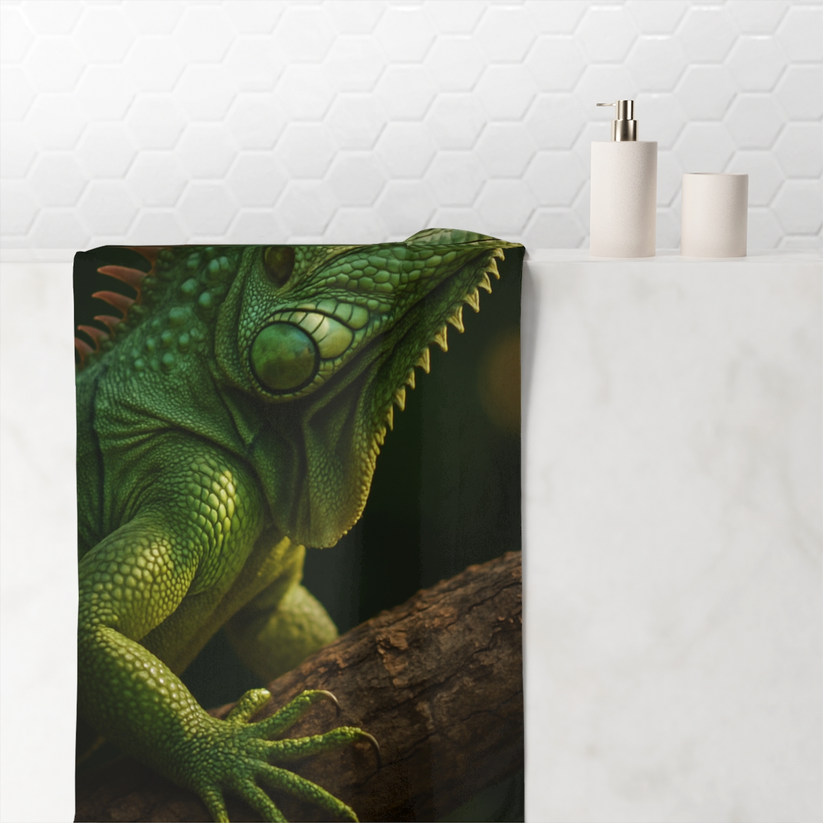 Sunlit Stillness Green Iguana trendy hand towels