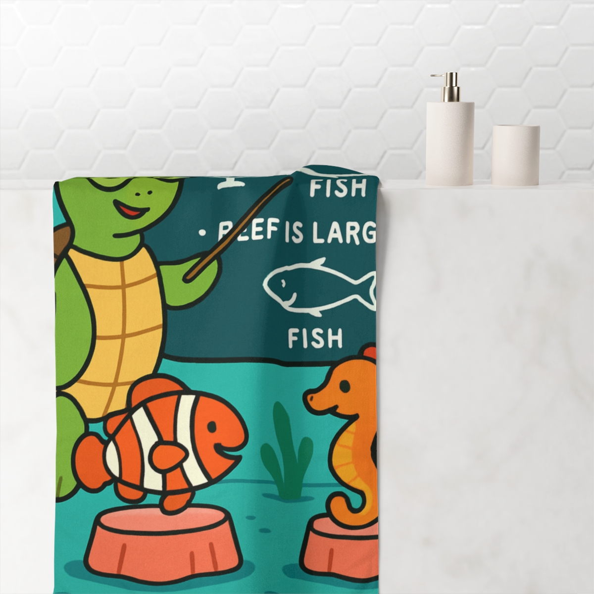 Coral Classroom With Professor Turtle personalized bath towels