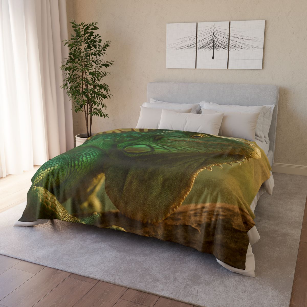 Sunlit Armor Green Iguana designer printed blankets