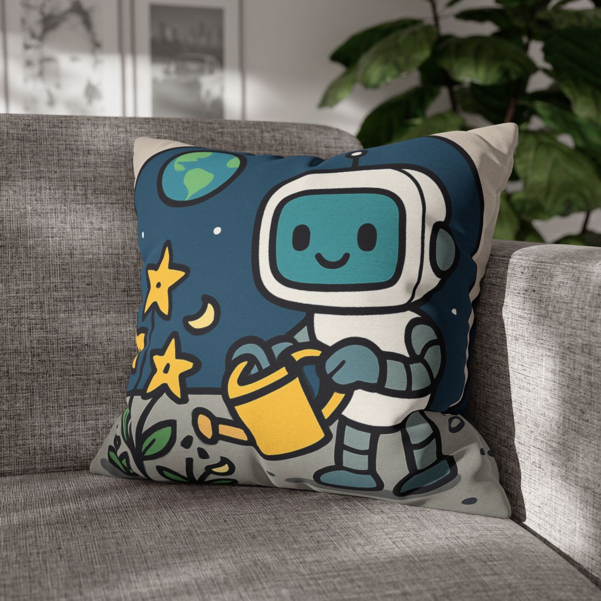 Moon Garden Robot And Space Sprouts designer print pillow cases