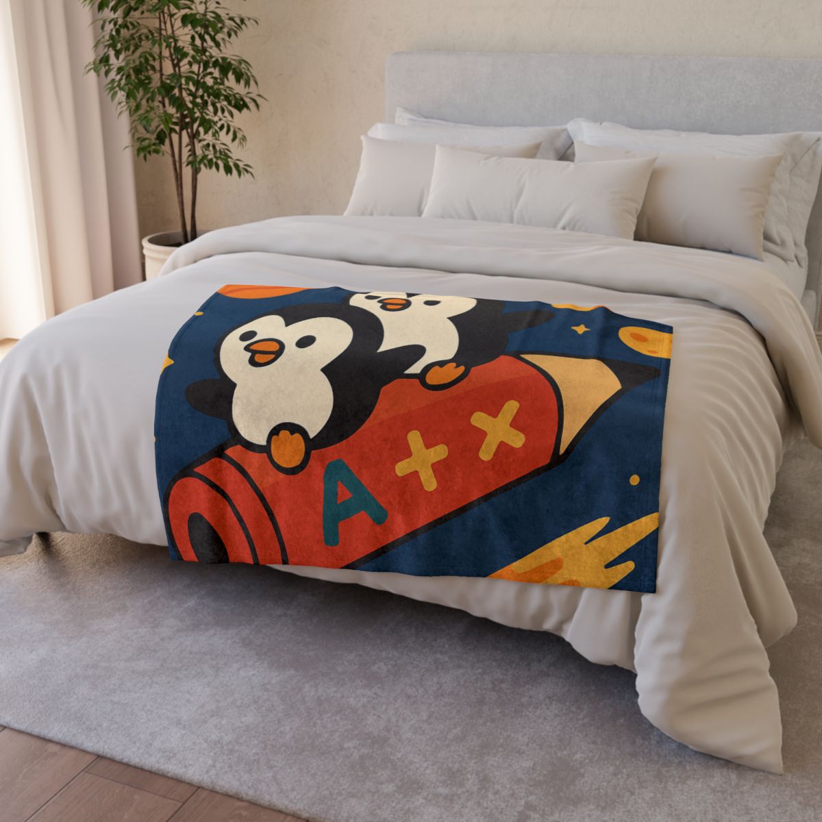 Rocket Riding Penguin Explorers personalized cozy blankets