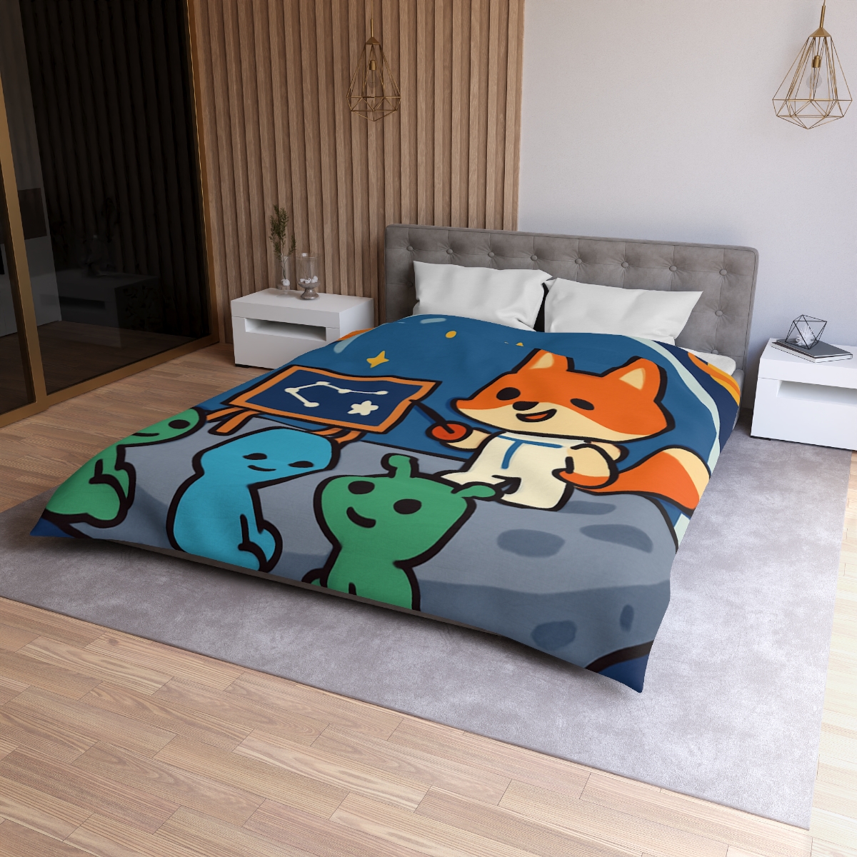 Comet Classroom With Curious Space Fox designer printed duvets