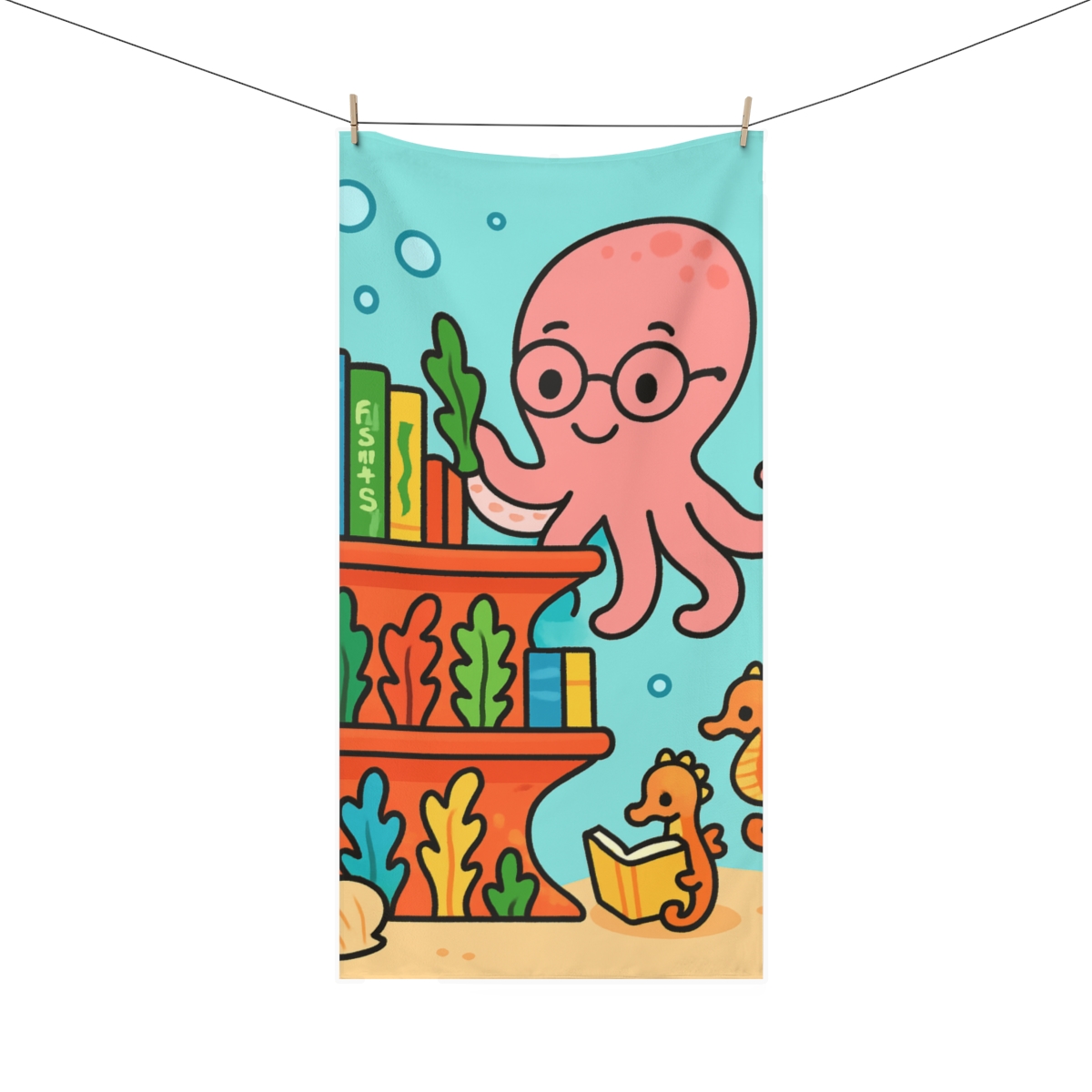 Coral Library And The Octopus Librarian custom towels