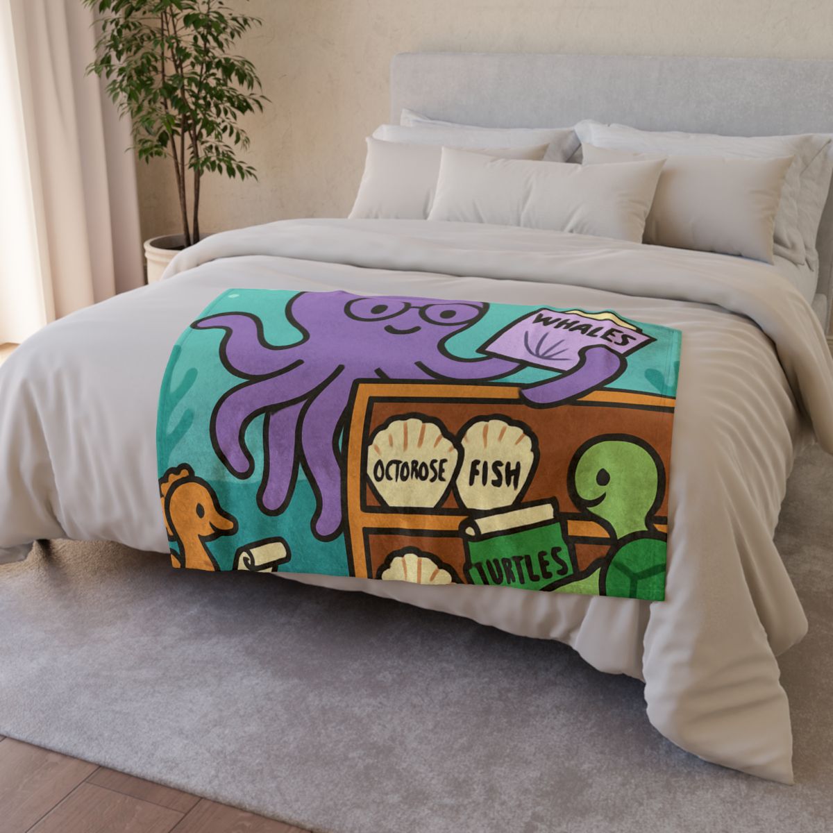 Undersea Library Of The Curious Octopus stylish throw blankets