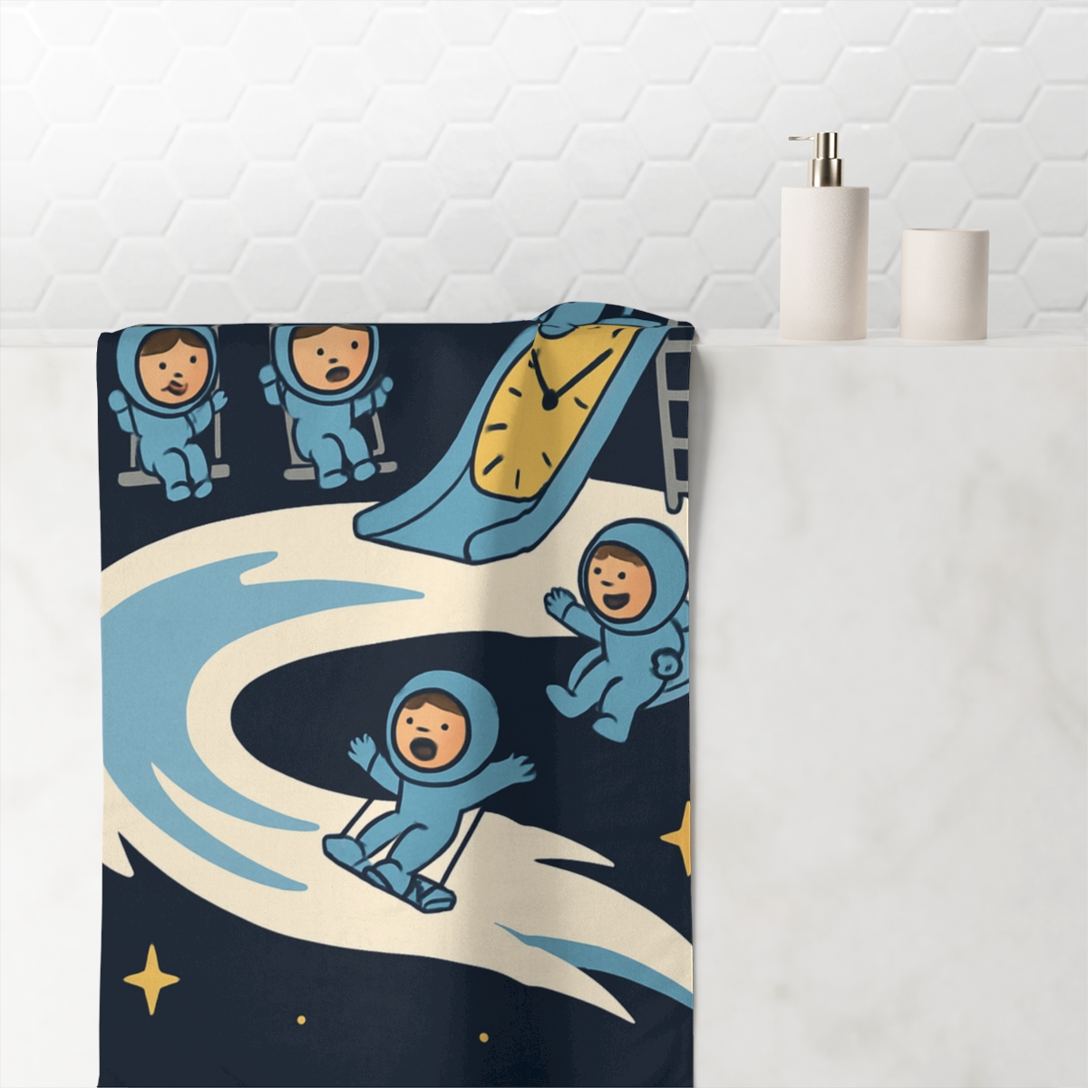 Time Twisting Comet Playground designer printed towels