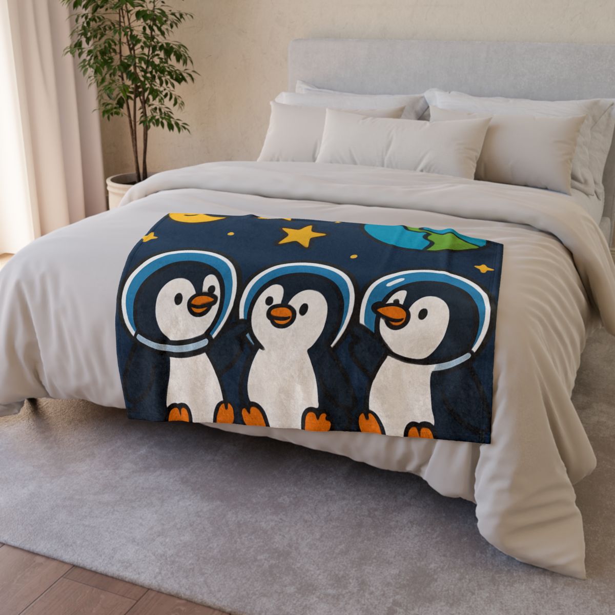 Stargazing Penguins On The Moon designer printed blankets