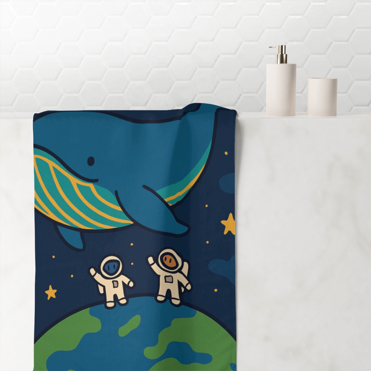 Space Whale Parade designer printed towels