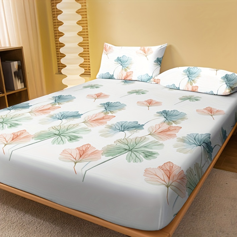 Leaf Pattern Fitted Sheet Soft Bed Cover for Bedroom
