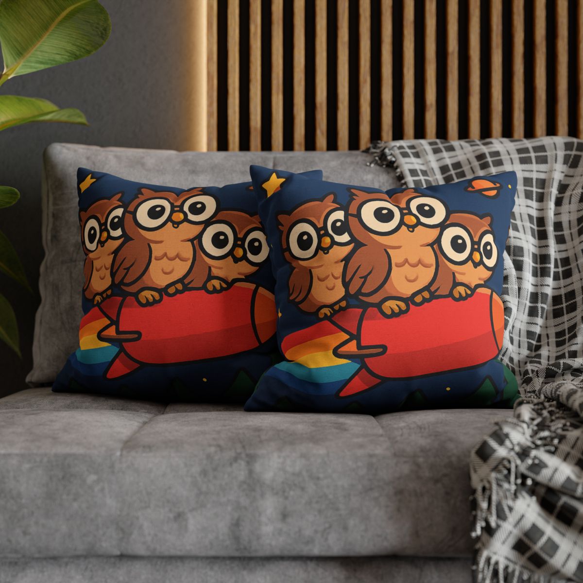 Rocket Riding Forest Owls designer print pillow cases