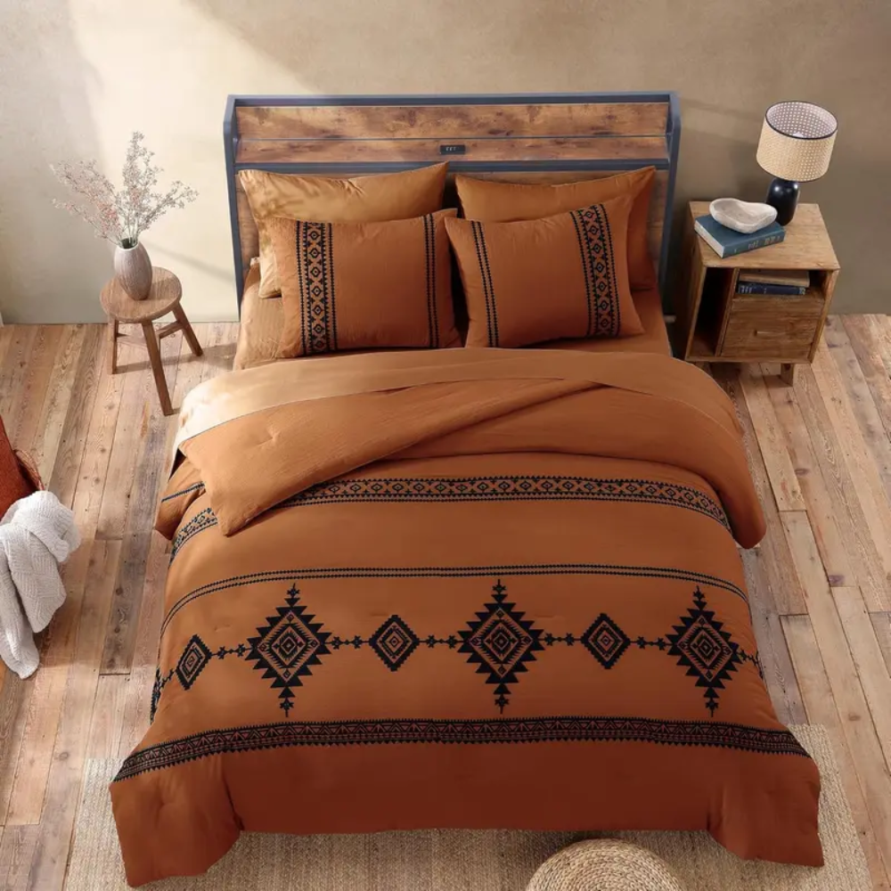 7 Pieces Boho Embroidered Comforter Set With Pillowcases And Shams