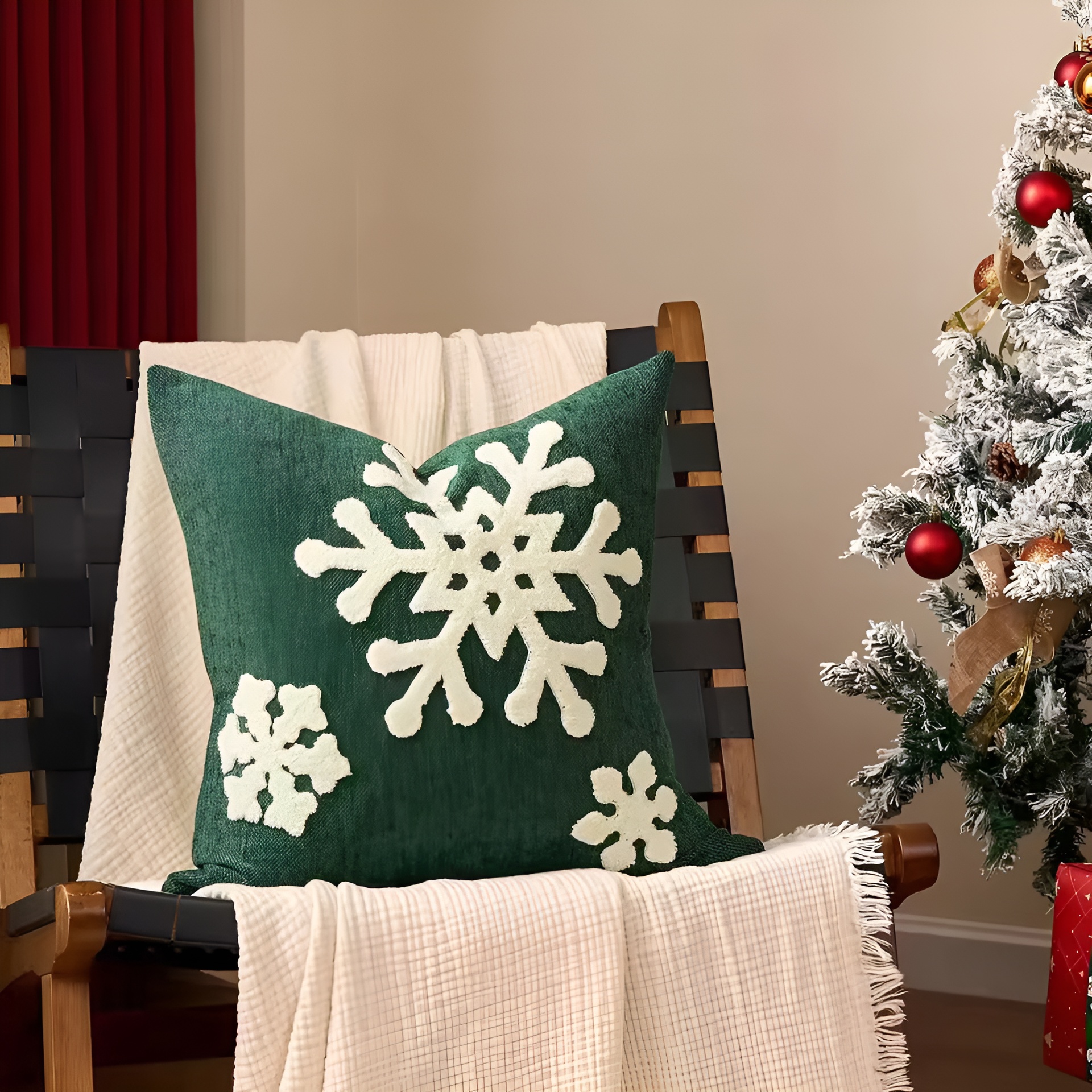 Holiday Embroidered Cushion Cover With Snowflake And Merry Christmas Design